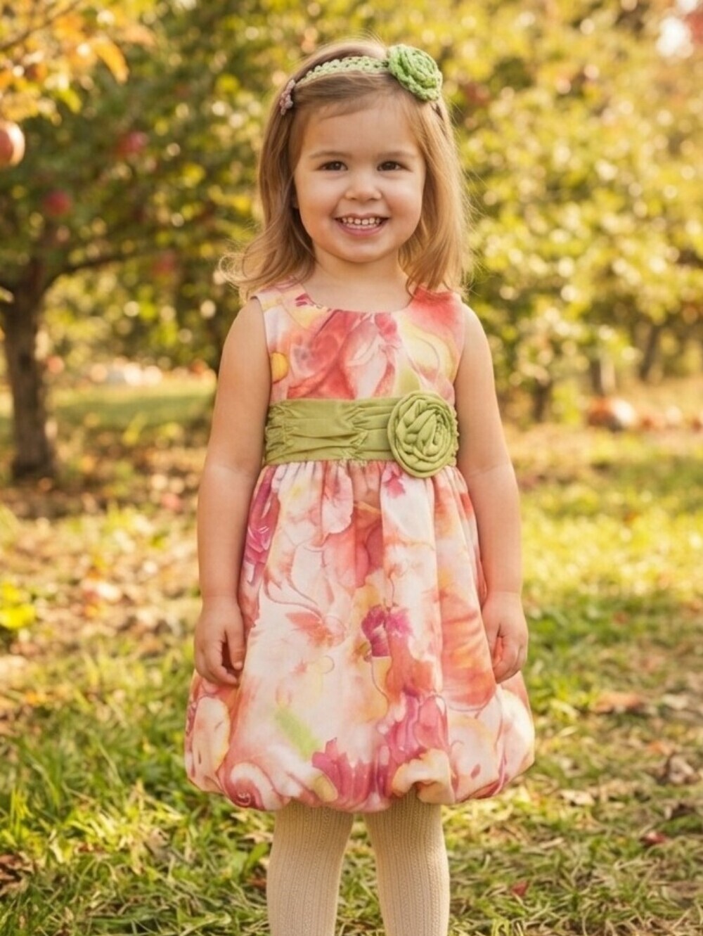 Bonnie Jean Pink & Orange Floral Dress w/Green Ruched Sash, Sz-2T, NWT